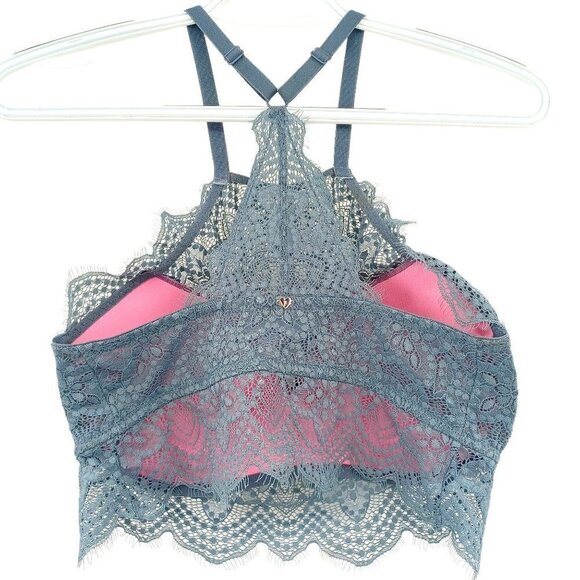 Pink VS Blue Gray Lace Halter Bralette Bra Women's S D-DD Scalloped Boho Hippie - Picture 2 of 9